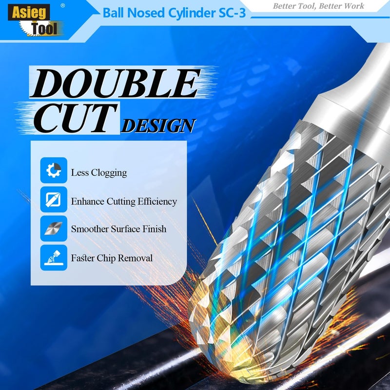 Asieg Tool SC-3 Tungsten Carbide Burr Rotary File Cylindrical Ball Nose End Shape Double Cut for Die Grinder Drill Bits 1/4'' Inch Diameter of Shank and 3/8'' Inch Diameter of Cutter 3/4'' Inch Cutter Length - Image 4